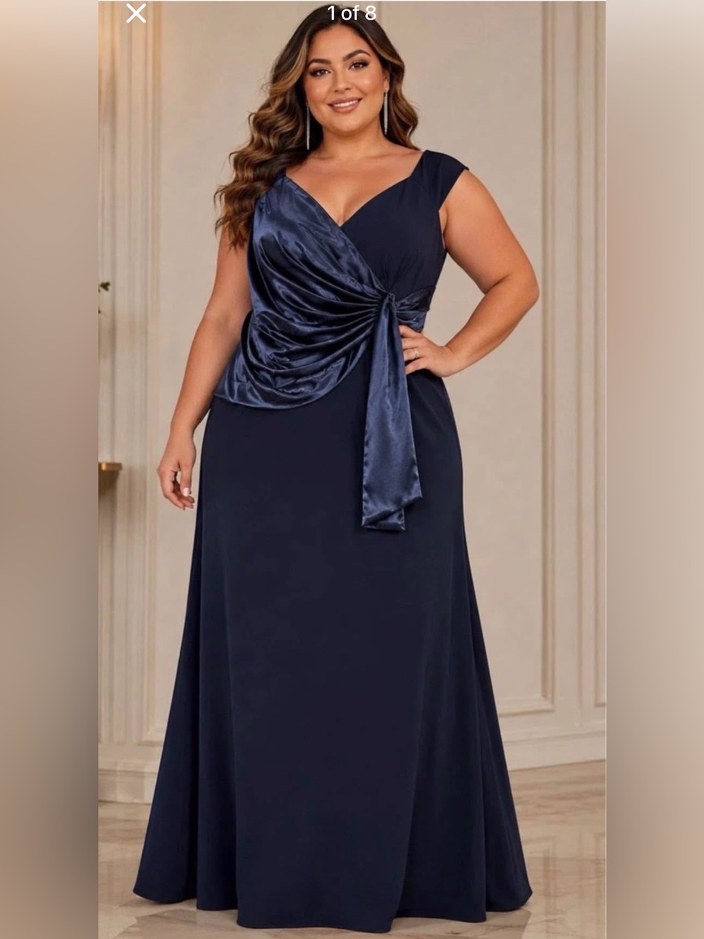 Eliza J Navy Satin-Accent V-Neck Evening Gown
